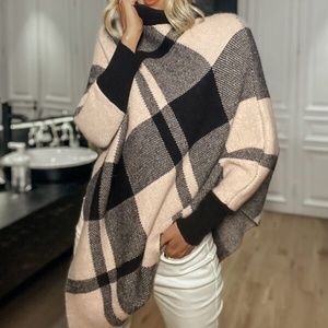 Classic Black Tan Turtleneck Plaid Poncho Knit Sweater